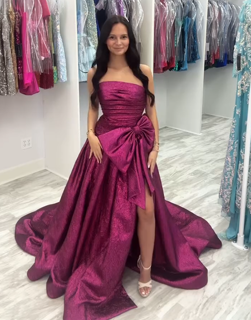 Metallic Fuchsia A-Line Strapless Ruched Long Prom Dress with Bow