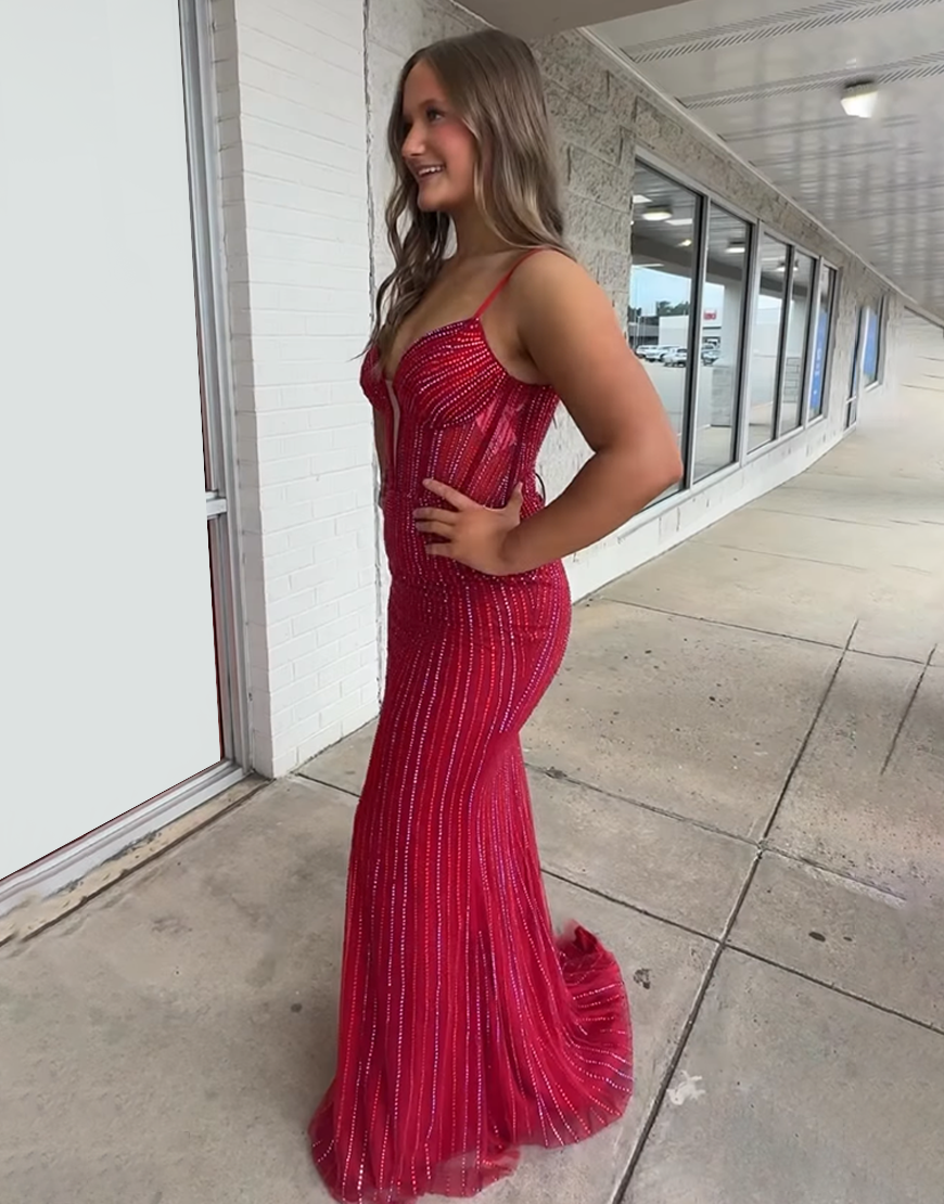 Sparkly Red Beaded Mermaid Spaghetti Straps Long Prom Dress