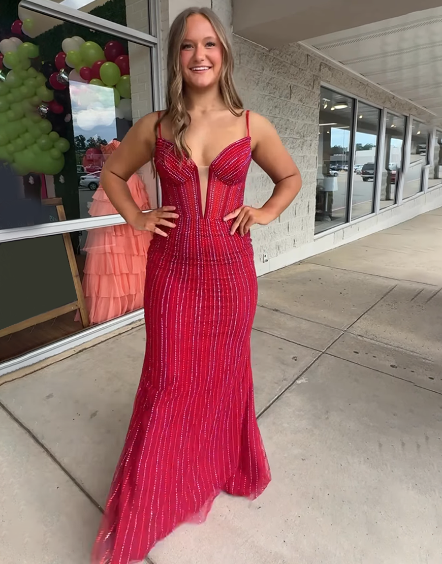 Berlinnova Women Sparkly Red Beaded Long Prom Dress Mermaid Spaghetti Straps Pageant Dress