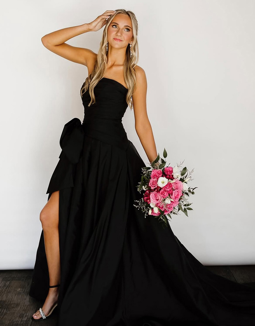 Black Strapless A Line Long Prom Dress with Bow