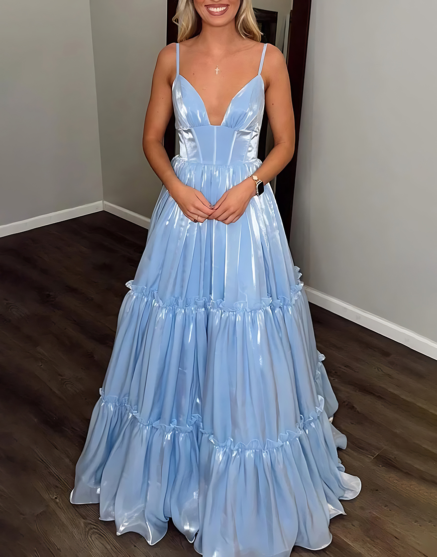 Glitter Blue V-Neck Corset Pleated Long A Line Prom Dress with Ruffles