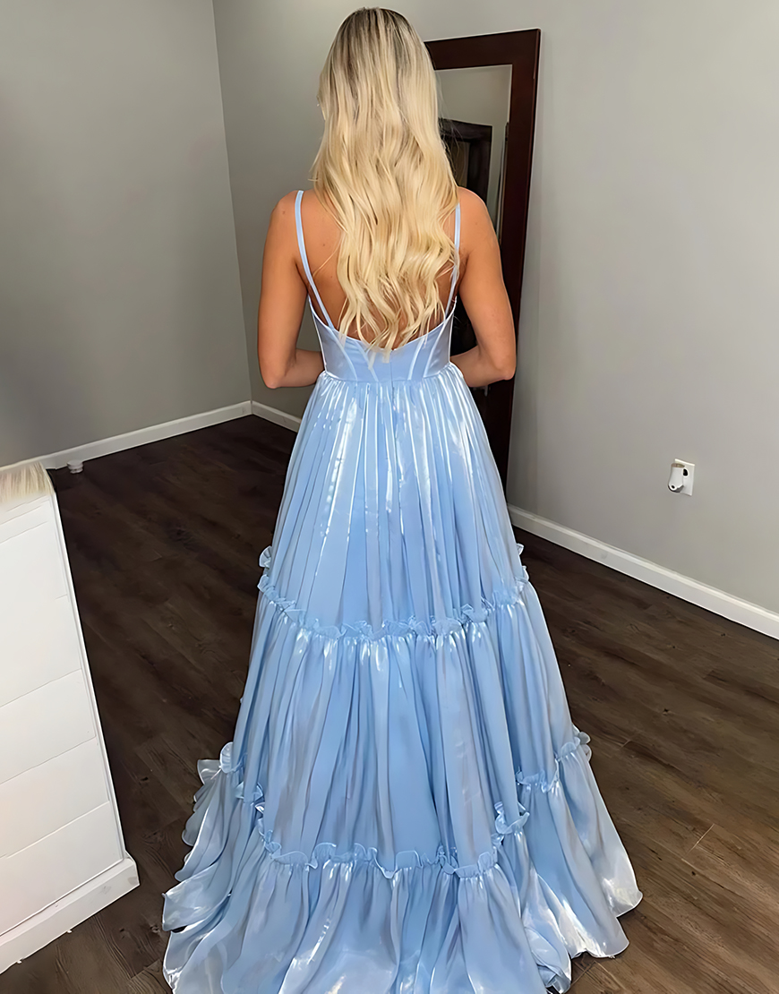 Glitter Blue V-Neck Corset Pleated Long A Line Prom Dress with Ruffles