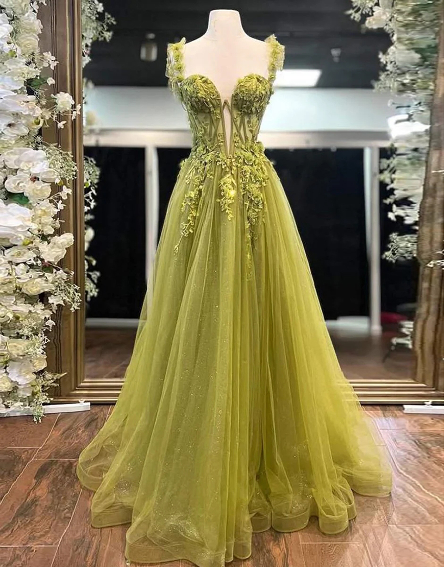 Glitter Green Floral Corset Sequin Long A Line Prom Dress with Appliques