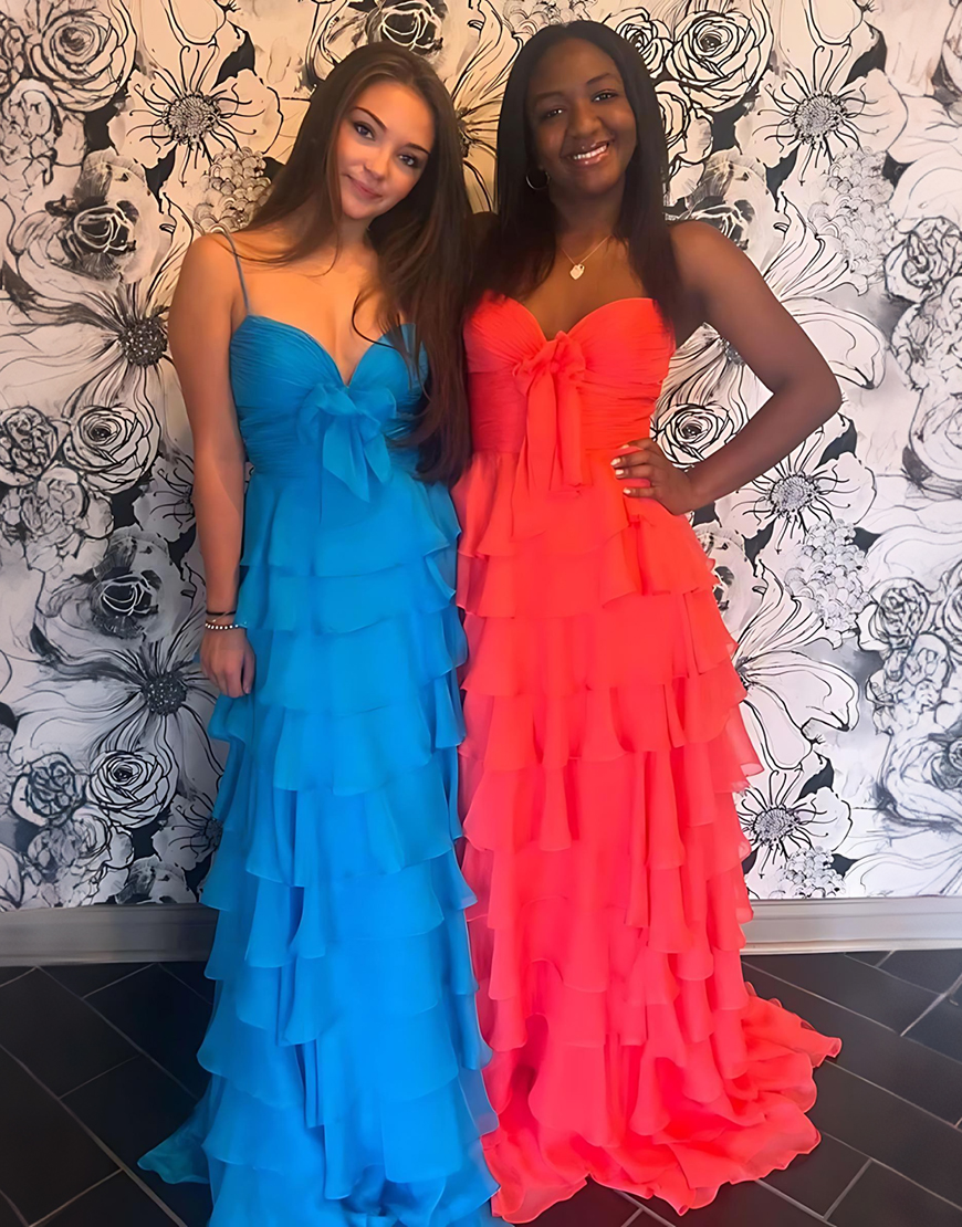 Blue Tiered Ruffled Long A Line Prom Dress with Slit