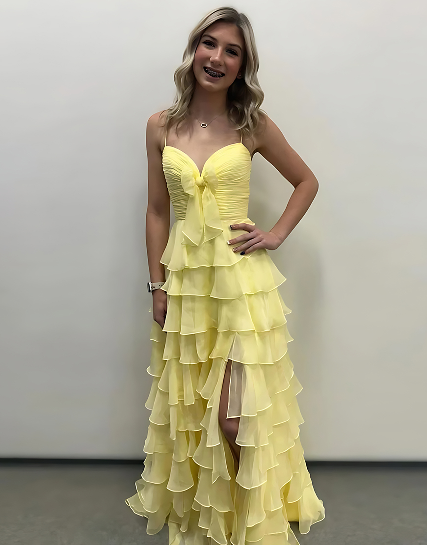 Blue Tiered Ruffled Long A Line Prom Dress with Slit