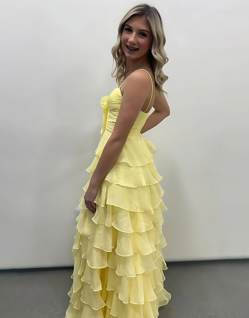 Blue Tiered Ruffled Long A Line Prom Dress with Slit