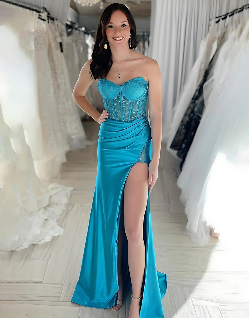 Sparkly Blue Corset Beaded Long Mermaid Prom Dress with Slit