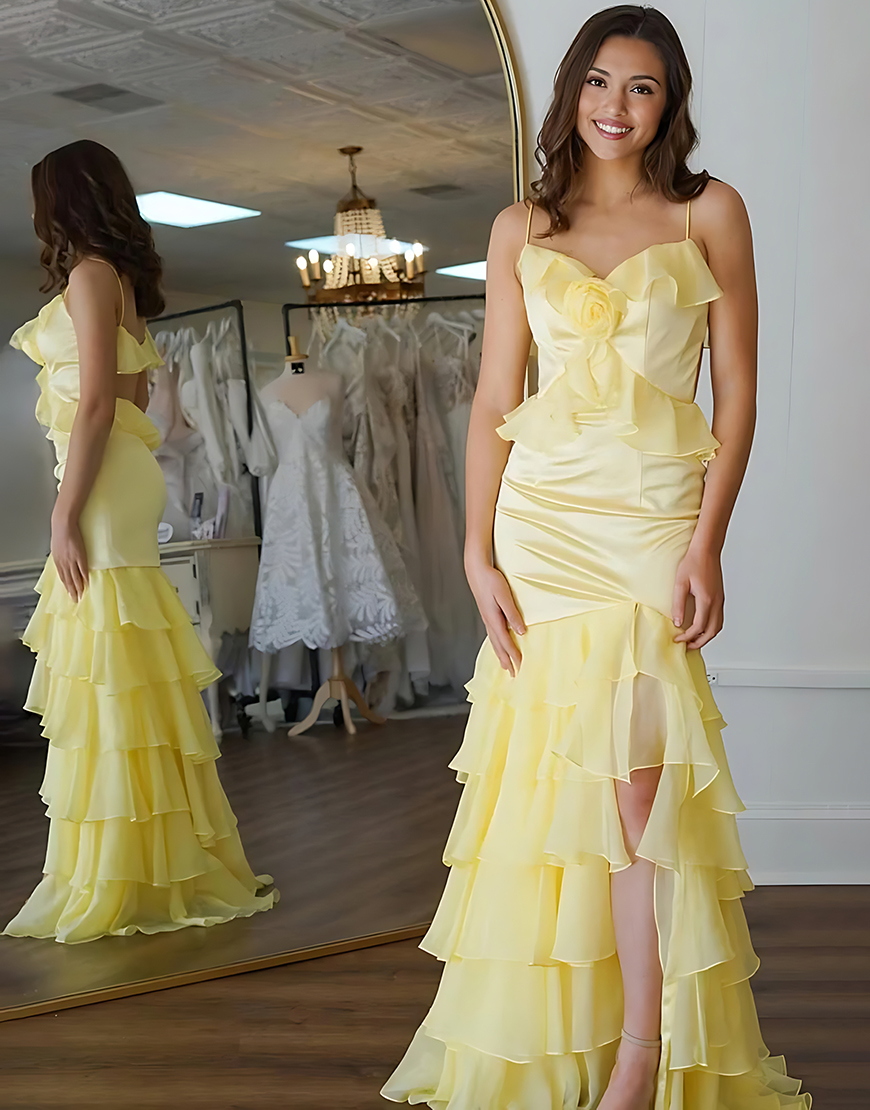 Floral Yellow Tiered Ruffled Long Mermaid Prom Dress with Slit