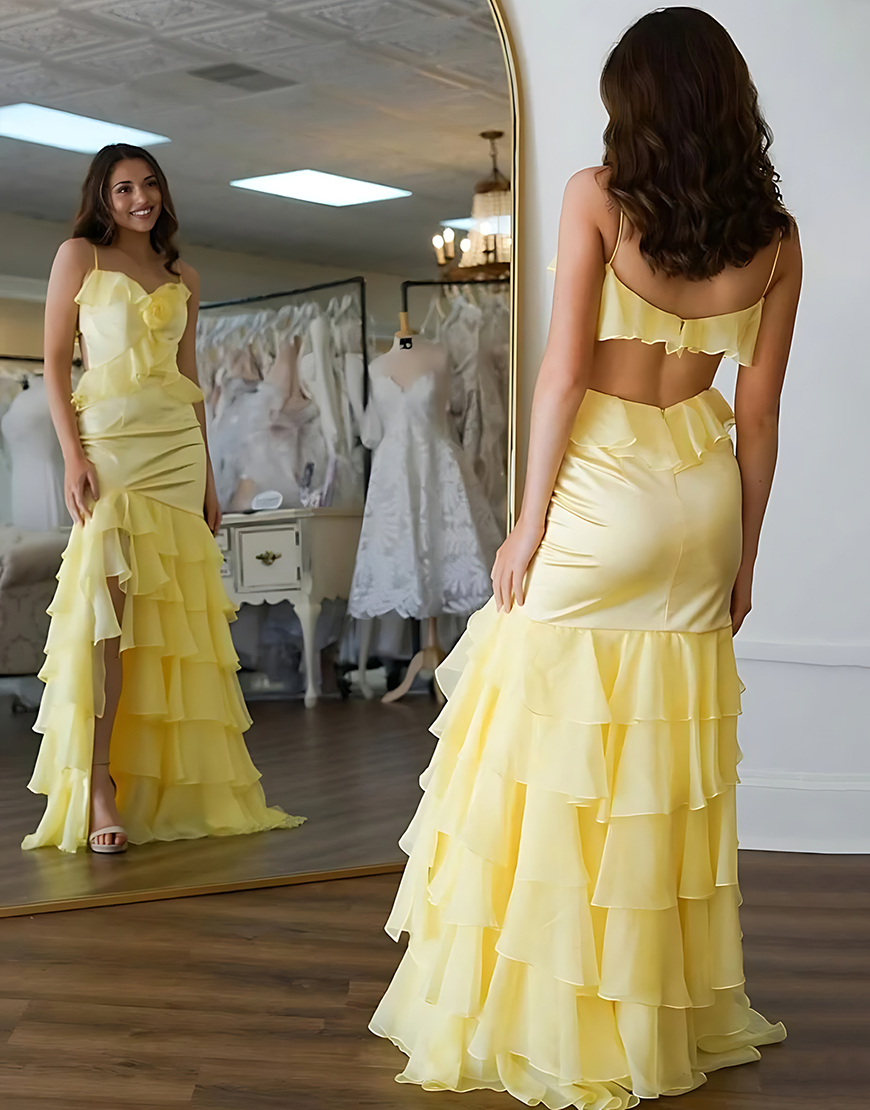Floral Yellow Tiered Ruffled Long Mermaid Prom Dress with Slit