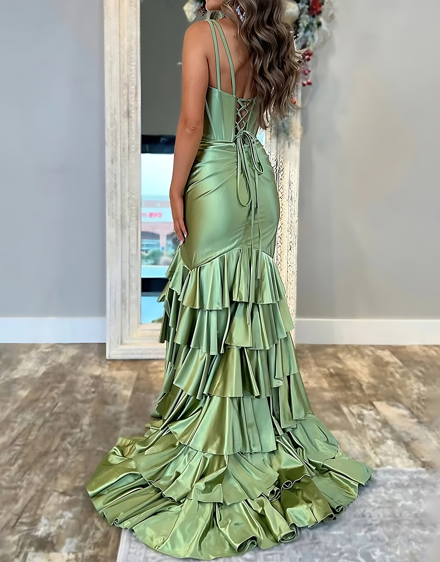 Sage Green Mermaid Corset Ruffled Tiered Long Prom Dress with Slit
