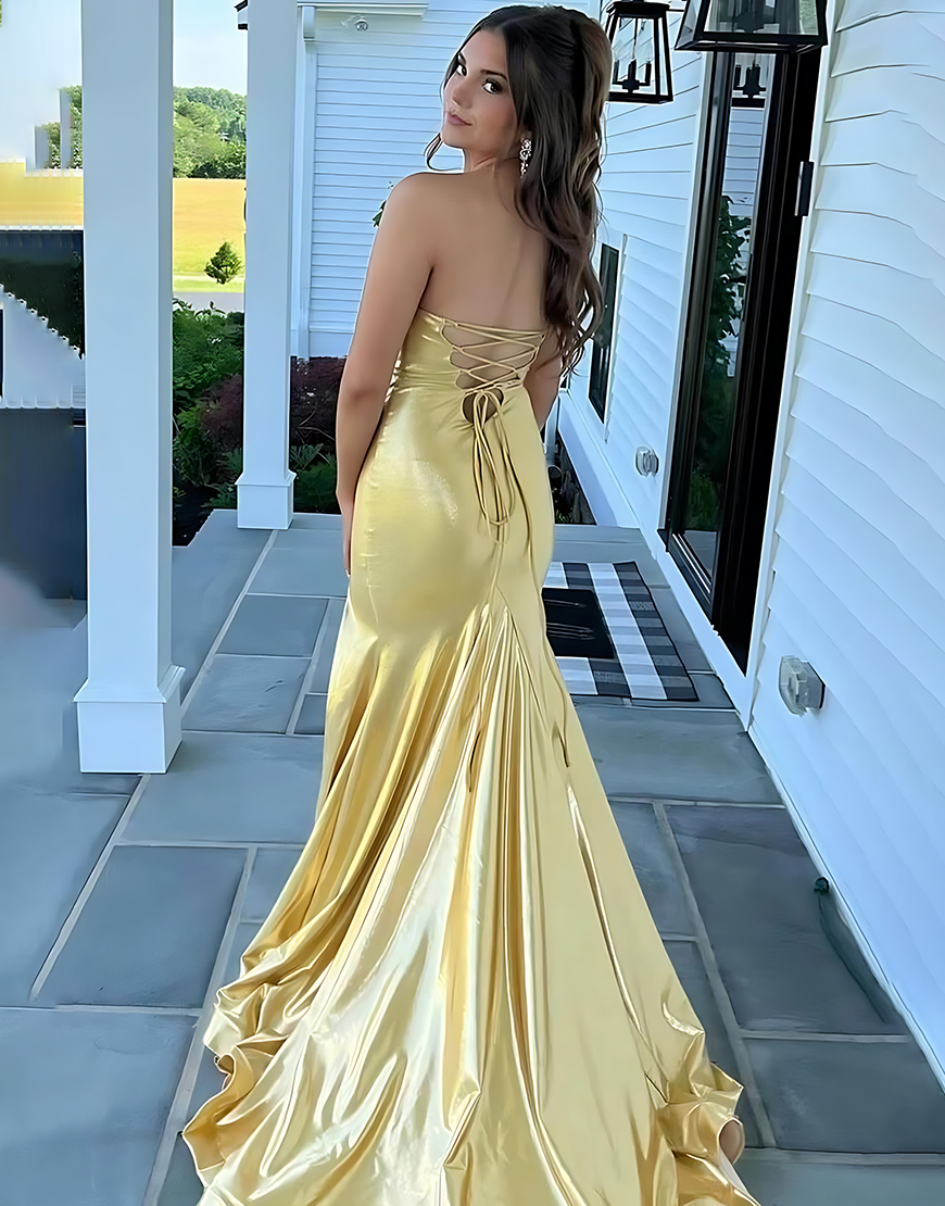 Yellow Metallic Strapless Mermaid Long Prom Dress with Slit