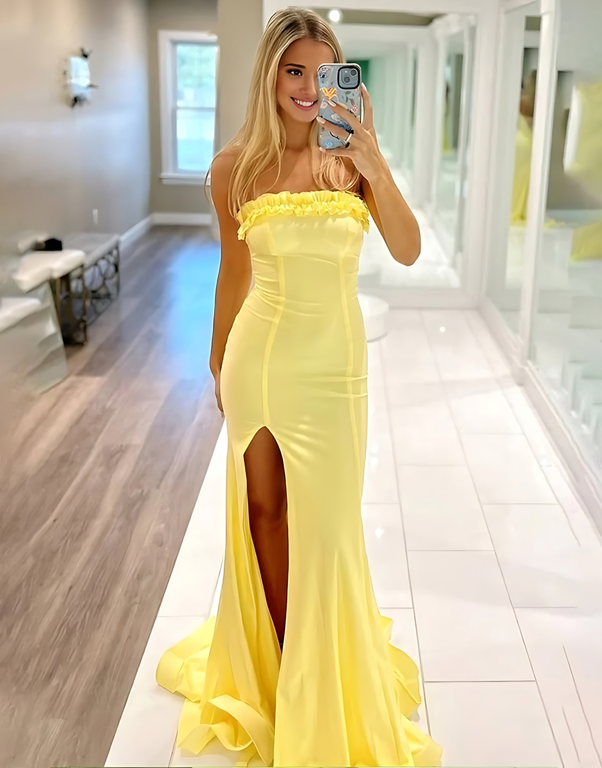 Berlinnova Women Yellow Ruffled Long Prom Dress with Slit Mermaid Strapless Ruched Lace Up Back Formal Dress