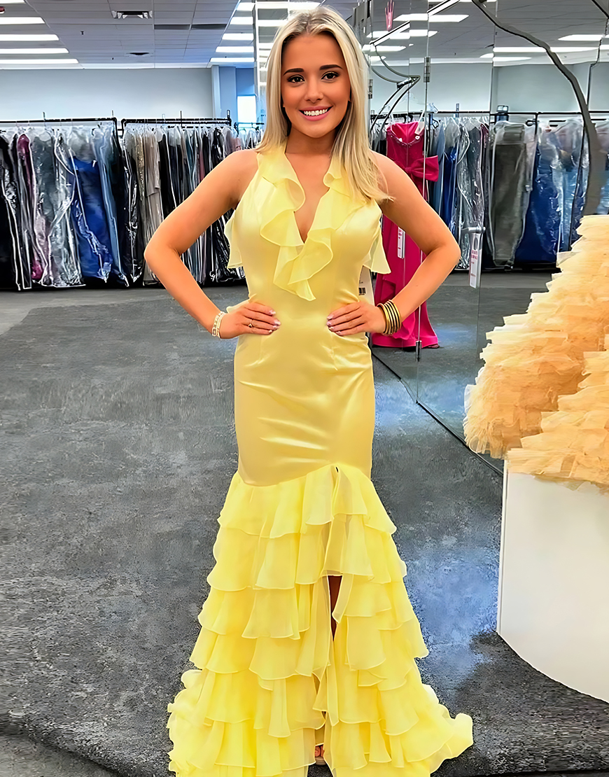 Yellow Mermaid Tiered Halter Ruffled Long Prom Dress with Slit