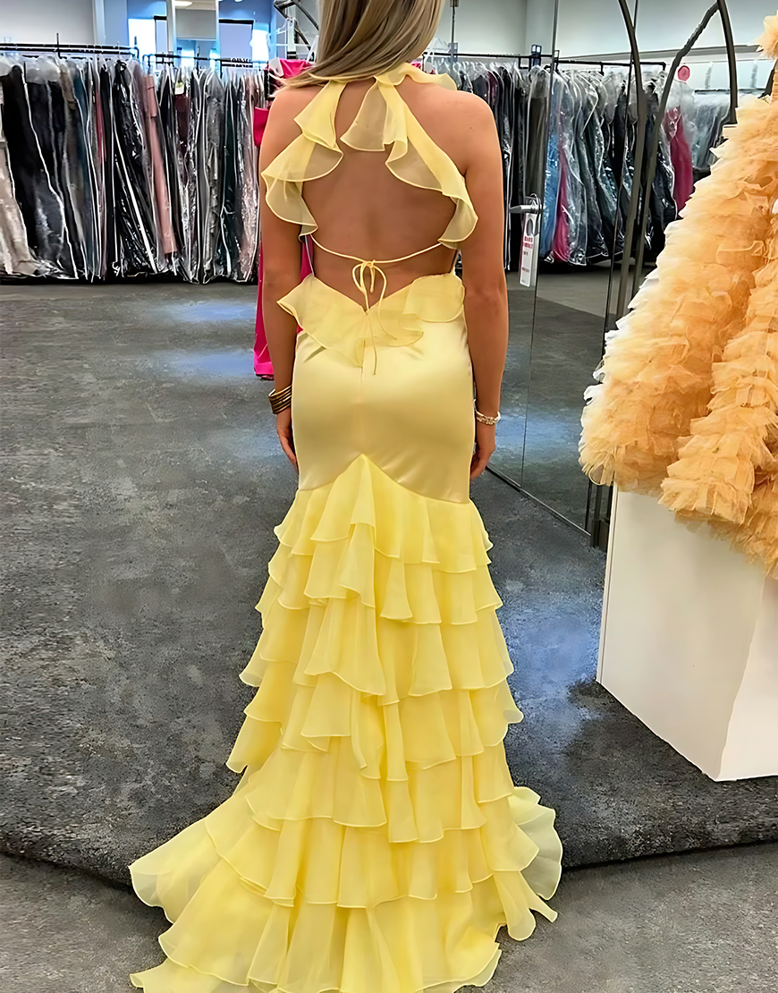 Yellow Mermaid Tiered Halter Ruffled Long Prom Dress with Slit