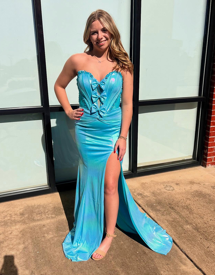 Sparkly Fuchsia Corset Mermaid Metallic Long Prom Dress with Bows