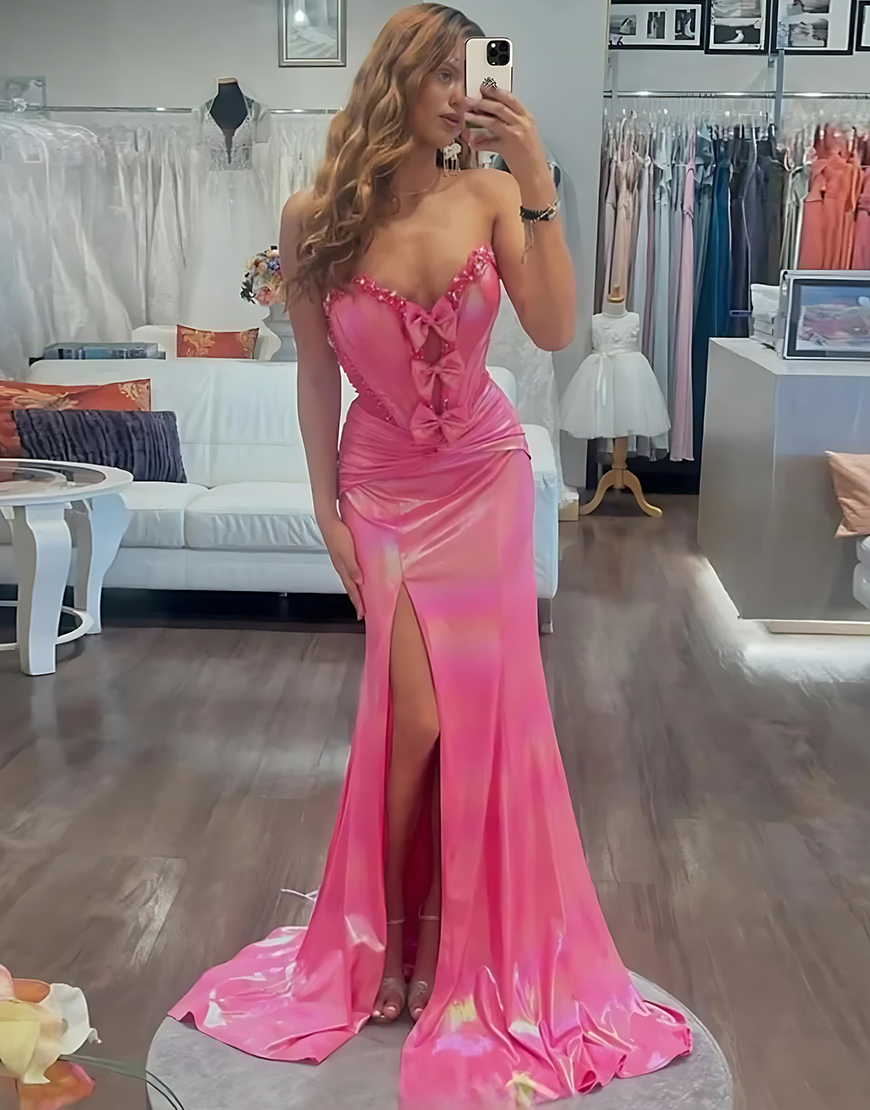 Sparkly Fuchsia Corset Mermaid Metallic Long Prom Dress with Bows