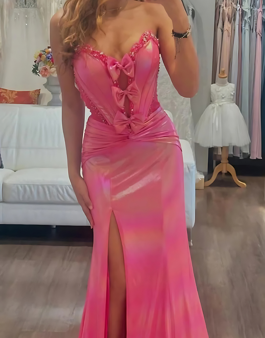 Sparkly Fuchsia Corset Mermaid Metallic Long Prom Dress with Bows
