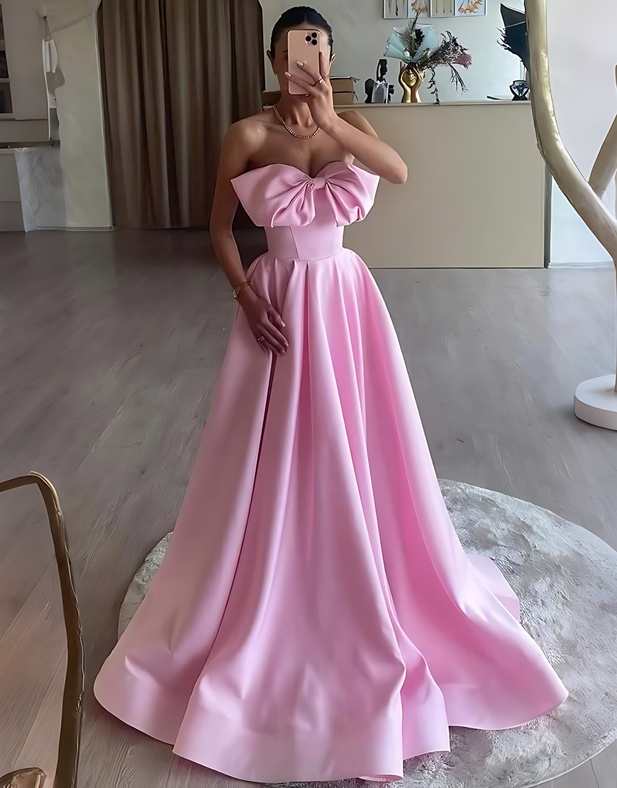 Pink Corset Strapless Ball Gown Long Prom Dress with Bow
