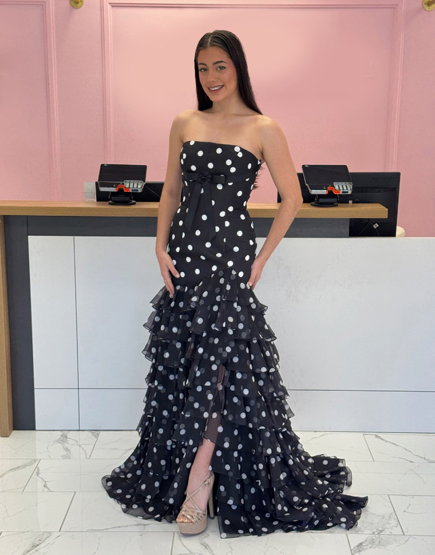 White Black Polka Dots Tiered Ruffled Mermaid Long Prom Dress with Bow