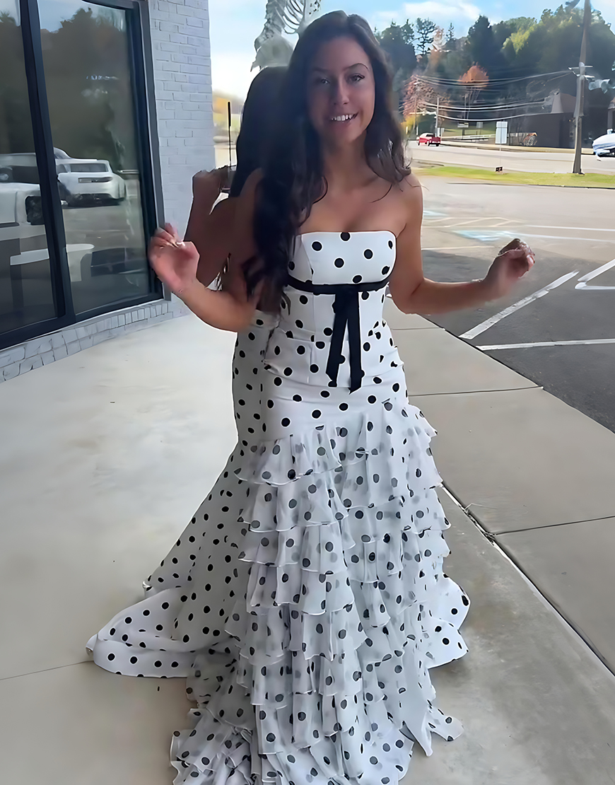 White Black Polka Dots Tiered Ruffled Mermaid Long Prom Dress with Bow