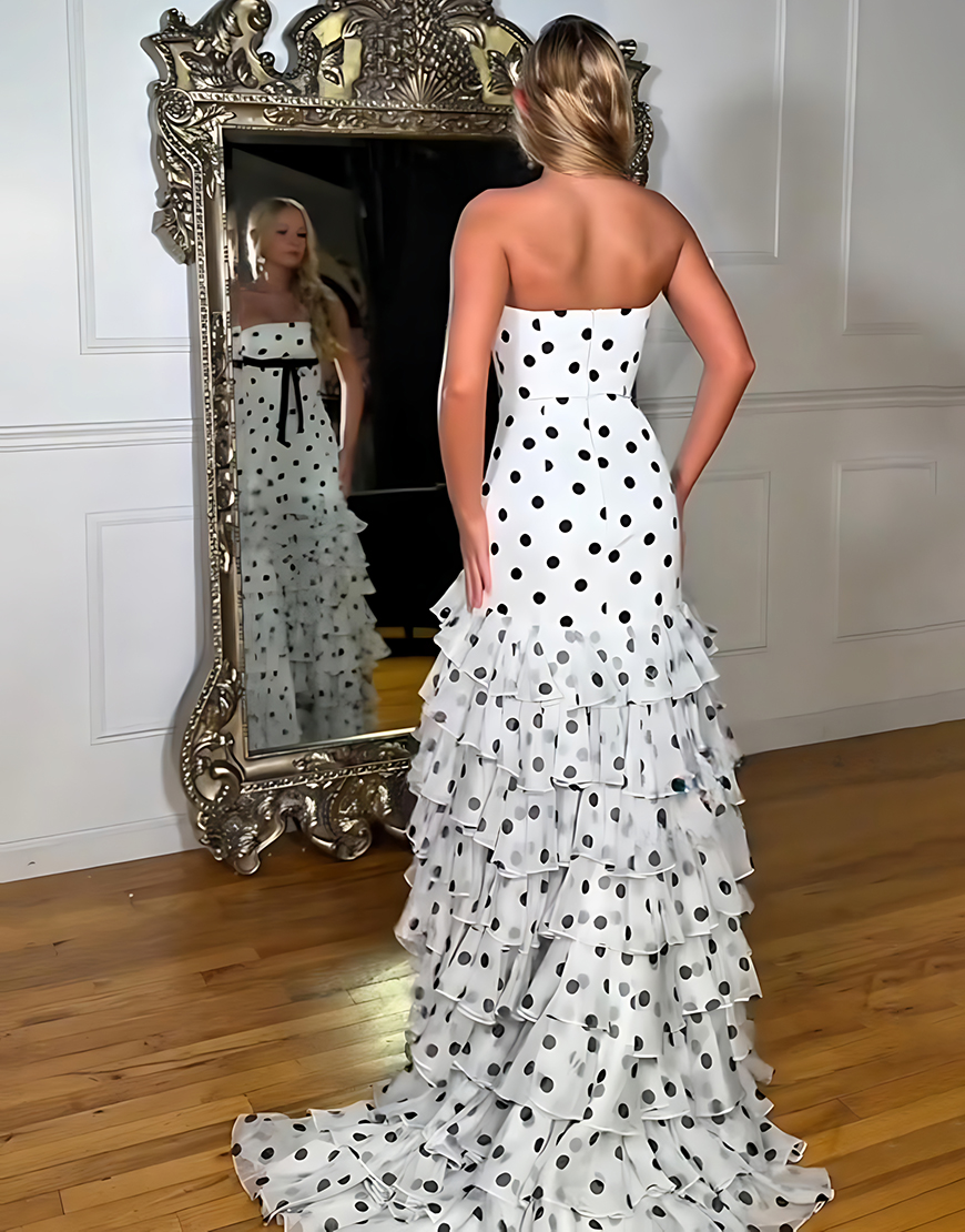 White Black Polka Dots Tiered Ruffled Mermaid Long Prom Dress with Bow