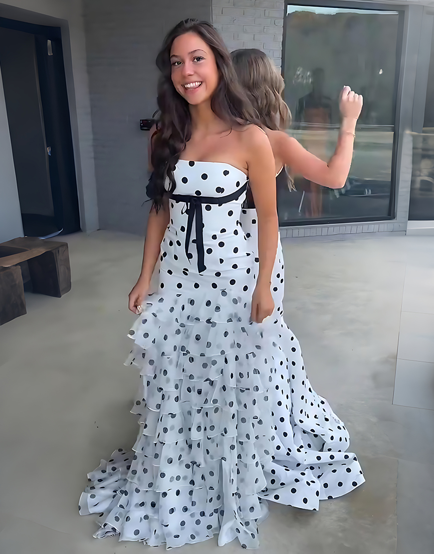 White Black Polka Dots Tiered Ruffled Mermaid Long Prom Dress with Bow