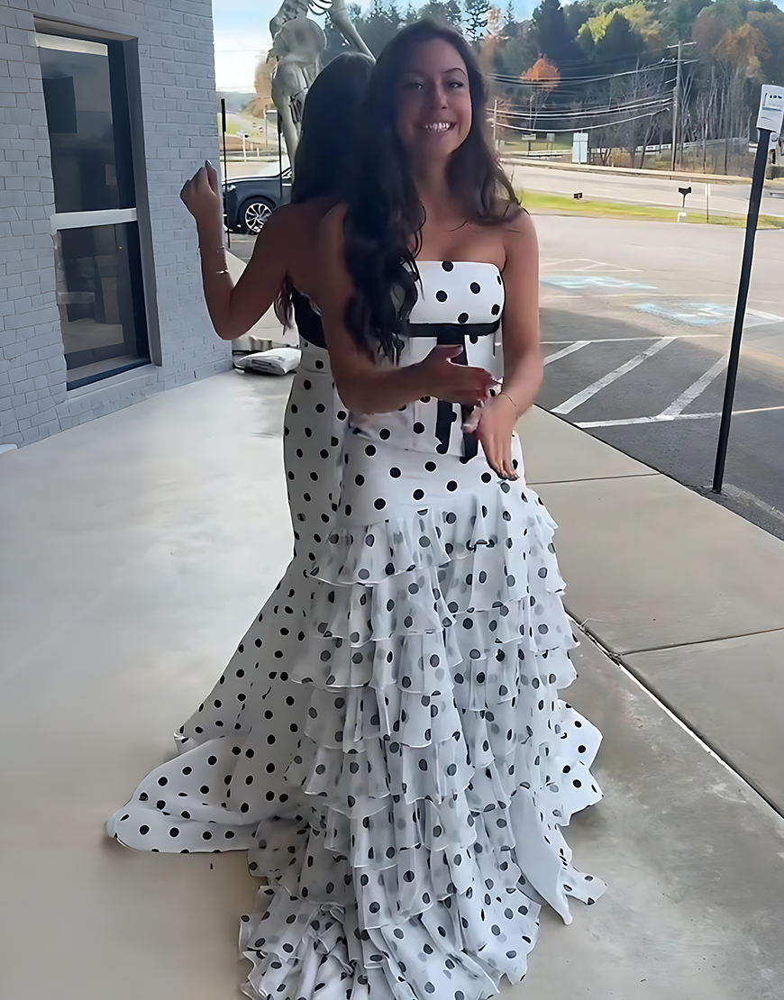 Berlinnova Women White Black Polka Dots Tiered Long Prom Dress with Bow Mermaid Ruffled Strapless Pageant Dress