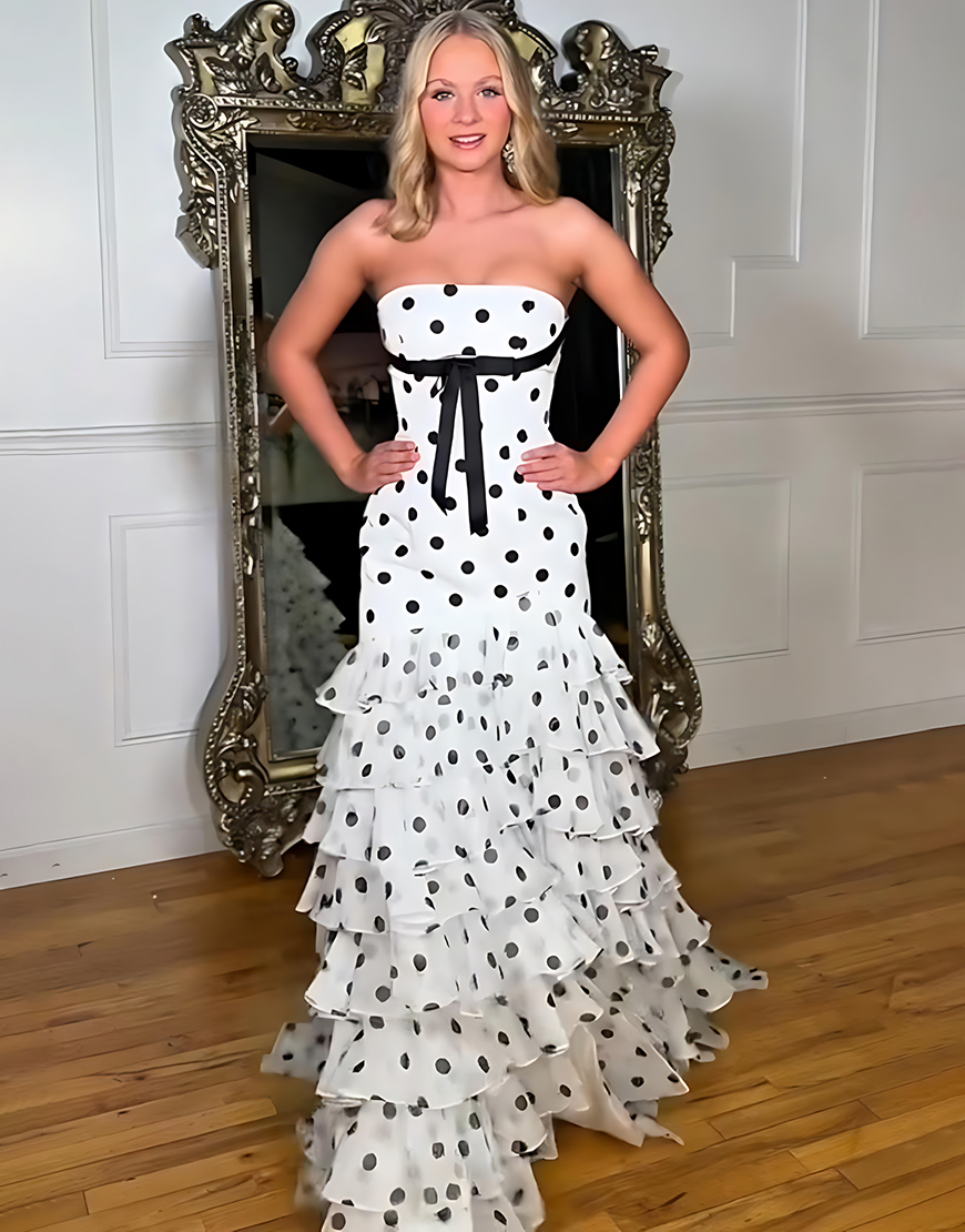 White Black Polka Dots Tiered Ruffled Mermaid Long Prom Dress with Bow