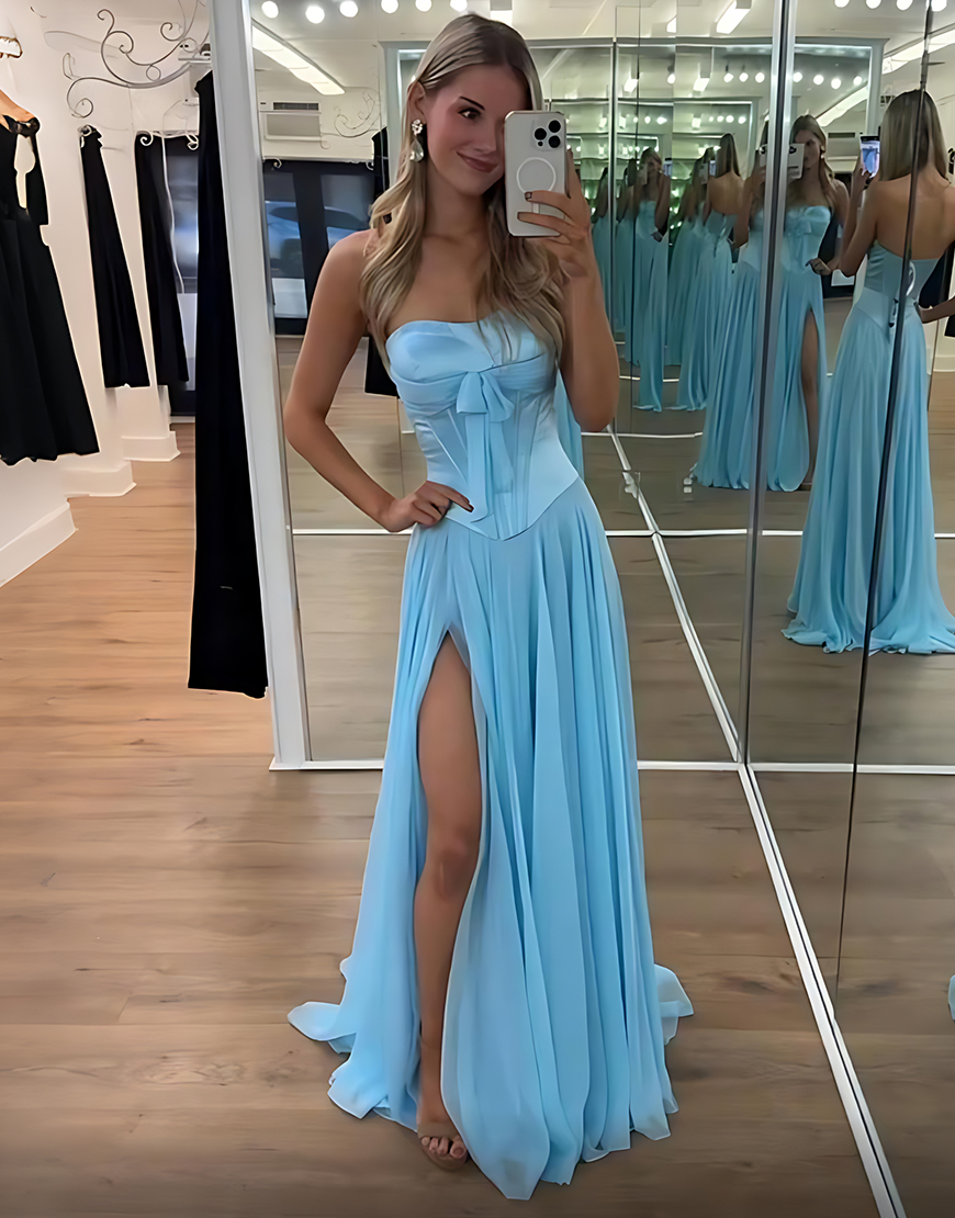 Blue Corset Strapless Long A Line Prom Dress with Slit
