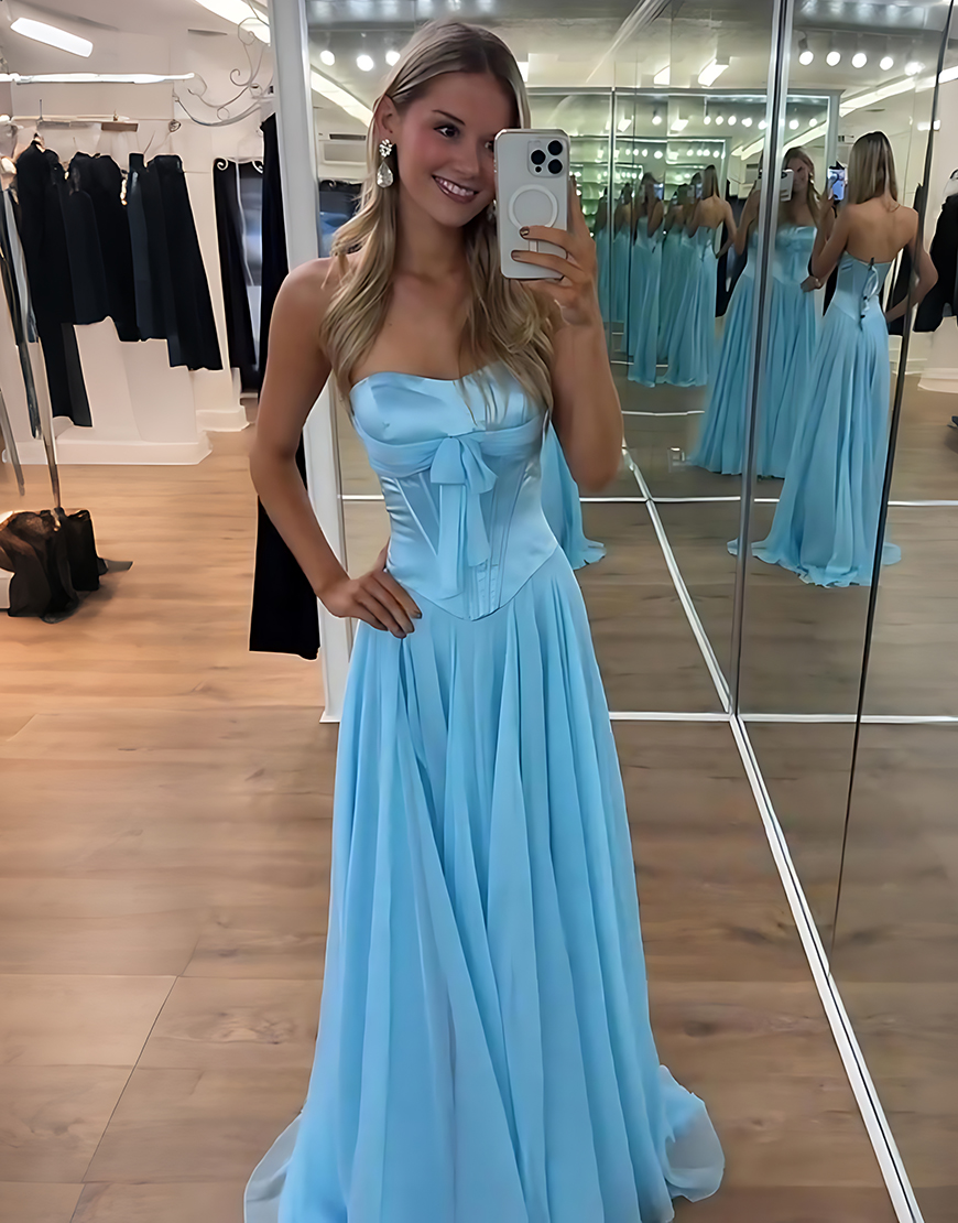 Blue Corset Strapless Long A Line Prom Dress with Slit