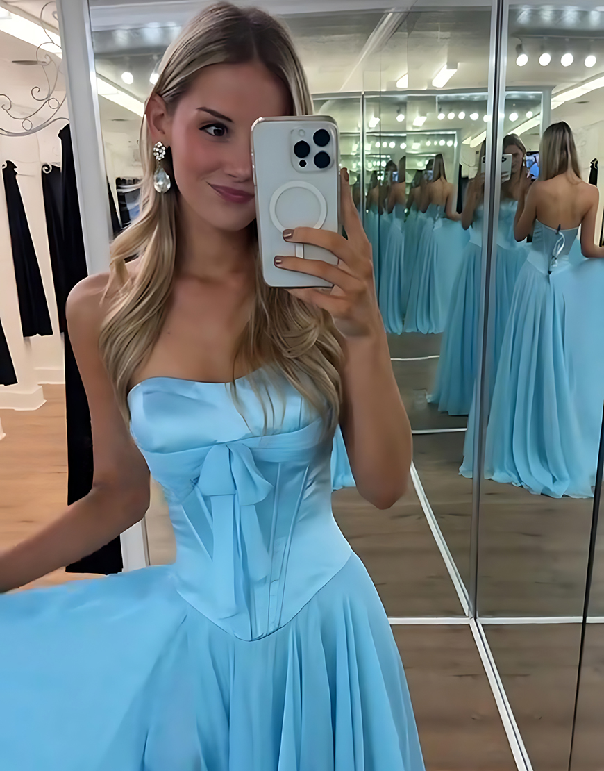 Blue Corset Strapless Long A Line Prom Dress with Slit