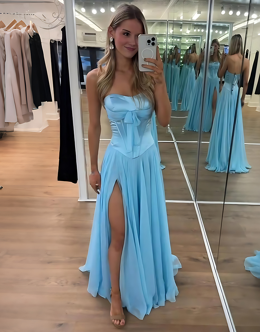 Blue Corset Strapless Long A Line Prom Dress with Slit