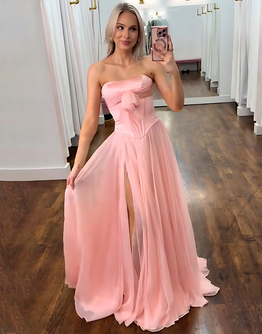 Blue Corset Strapless Long A Line Prom Dress with Slit