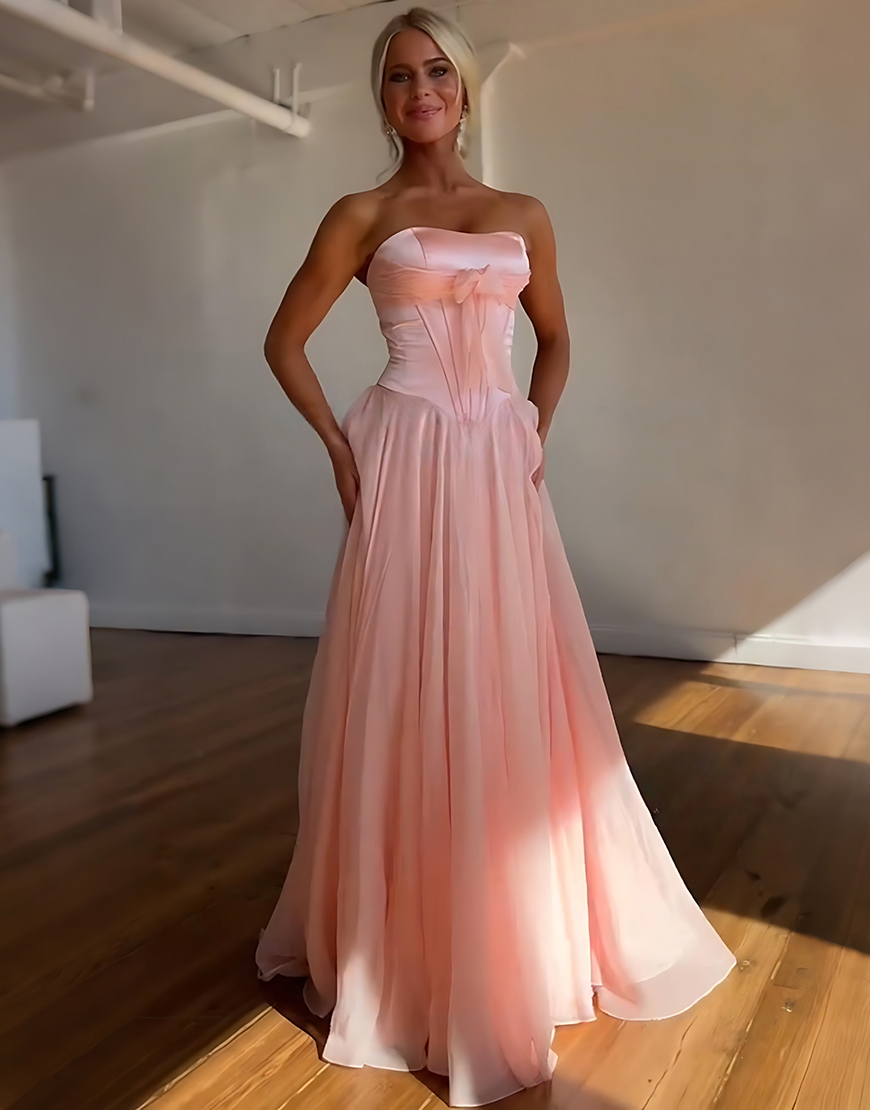 Blue Corset Strapless Long A Line Prom Dress with Slit