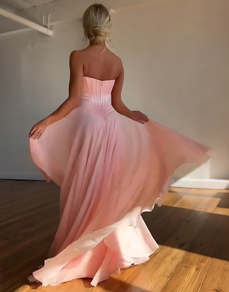 Blue Corset Strapless Long A Line Prom Dress with Slit