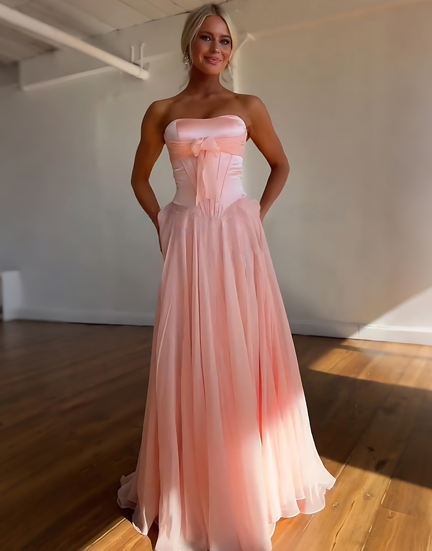 Blue Corset Strapless Long A Line Prom Dress with Slit