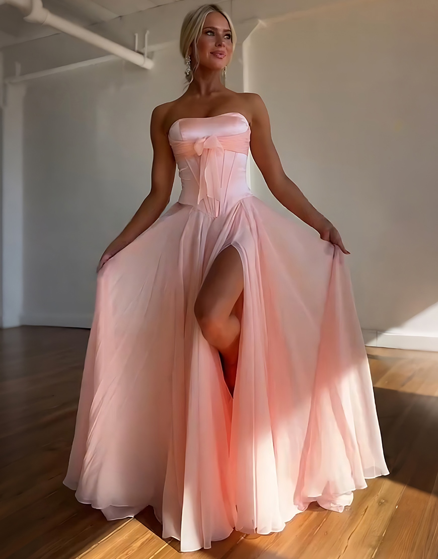 Blue Corset Strapless Long A Line Prom Dress with Slit