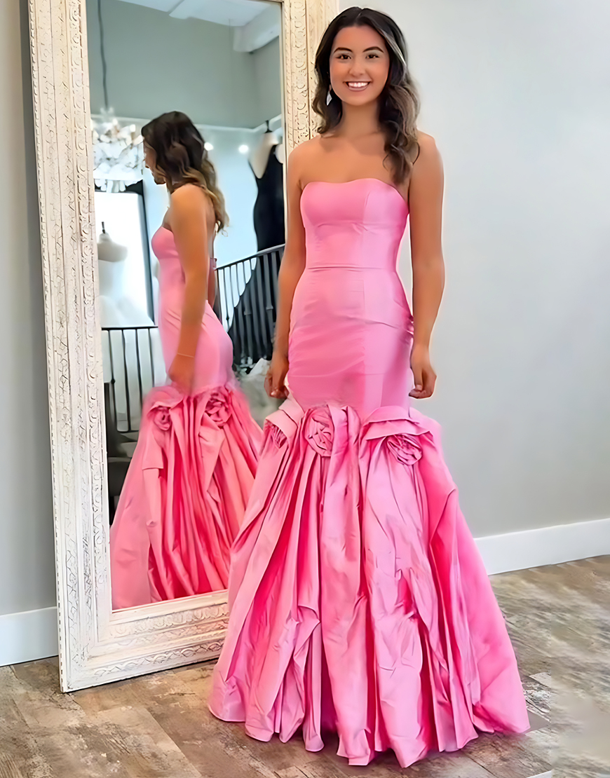 Hot Pink Long Mermaid Strapless Prom Dress with 3D Flowers