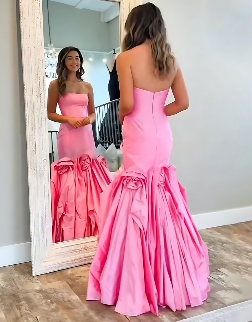 Hot Pink Long Mermaid Strapless Prom Dress with 3D Flowers