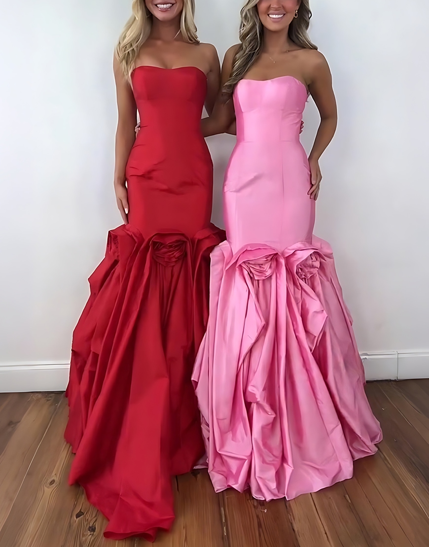 Hot Pink Long Mermaid Strapless Prom Dress with 3D Flowers