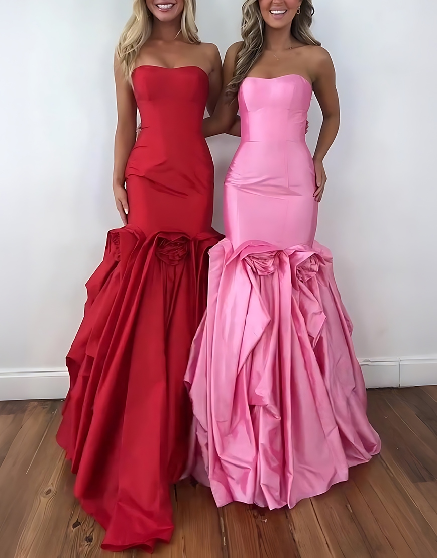 Hot Pink Long Mermaid Strapless Prom Dress with 3D Flowers