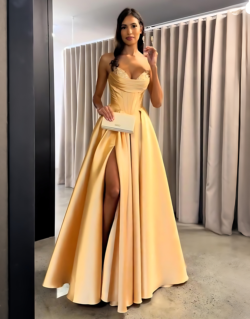 Sparkly Golden Corset Beaded Sweetheart Long Prom Dress with Slit
