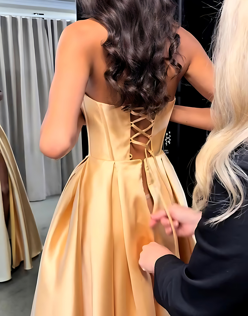 Sparkly Golden Corset Beaded Sweetheart Long Prom Dress with Slit