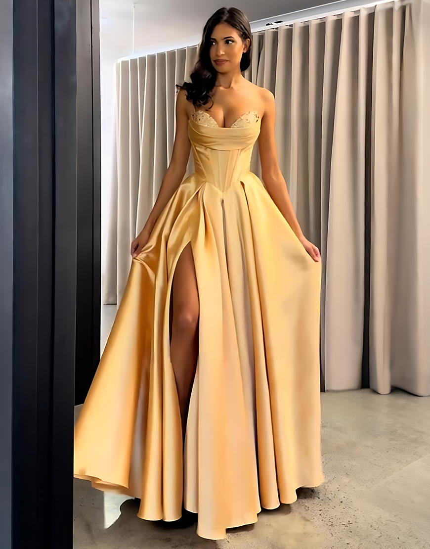 Sparkly Golden Corset Beaded Sweetheart Long Prom Dress with Slit