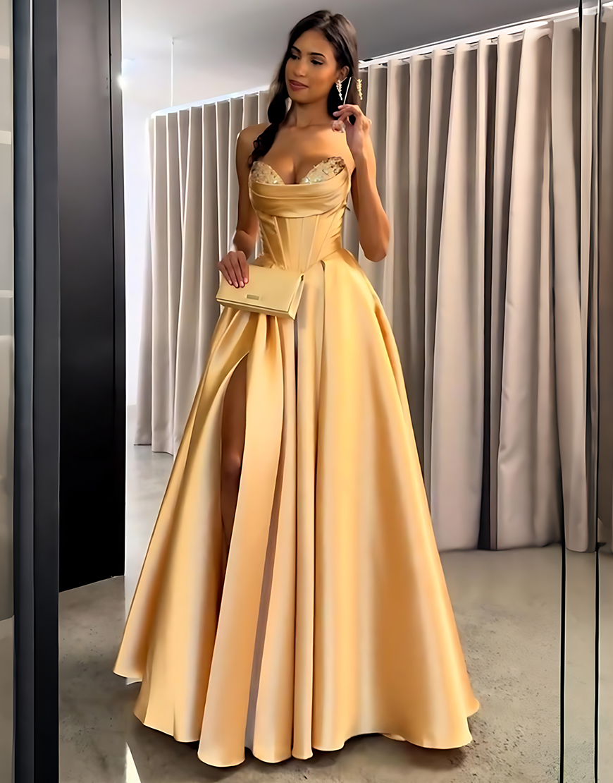 Sparkly Golden Corset Beaded Sweetheart Long Prom Dress with Slit