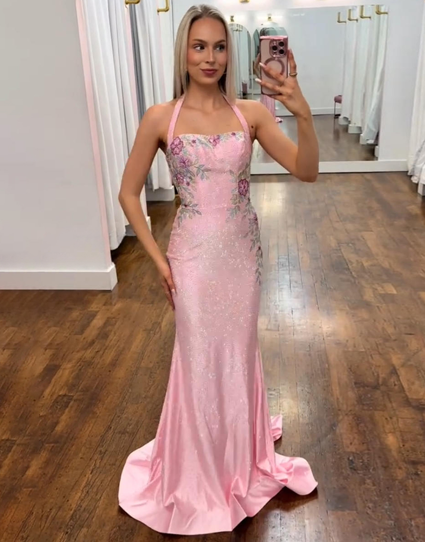 Sparkly White Floral Mermaid Halter Printed Long Prom Dress