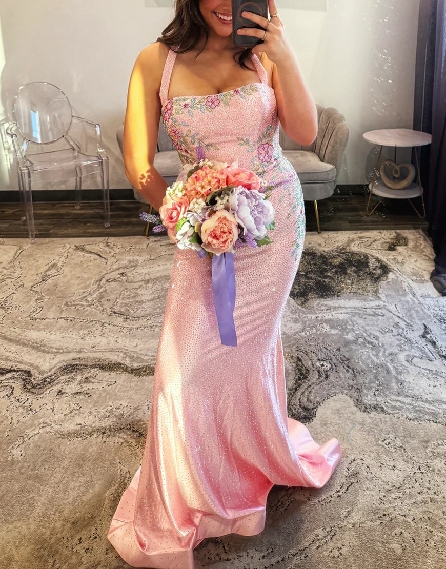 Sparkly White Floral Printed Mermaid Halter Long Prom Dress