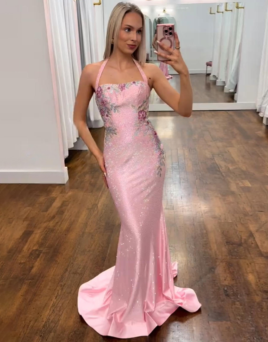 Sparkly White Floral Mermaid Halter Printed Long Prom Dress