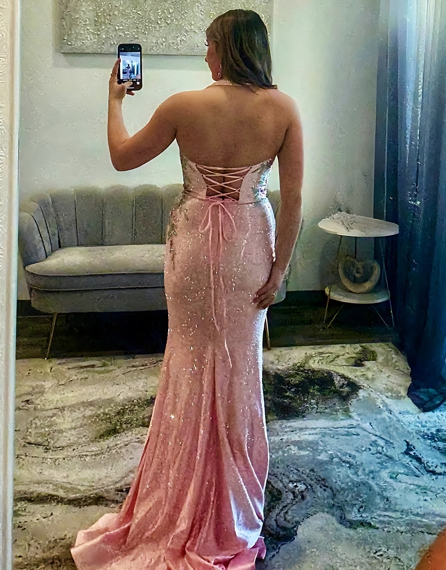 Sparkly White Floral Printed Mermaid Halter Long Prom Dress