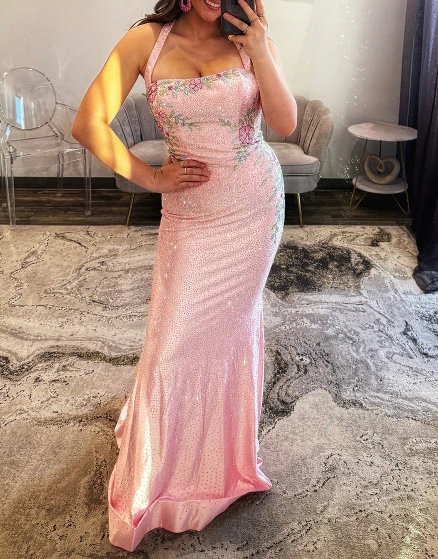 Sparkly White Floral Printed Mermaid Halter Long Prom Dress